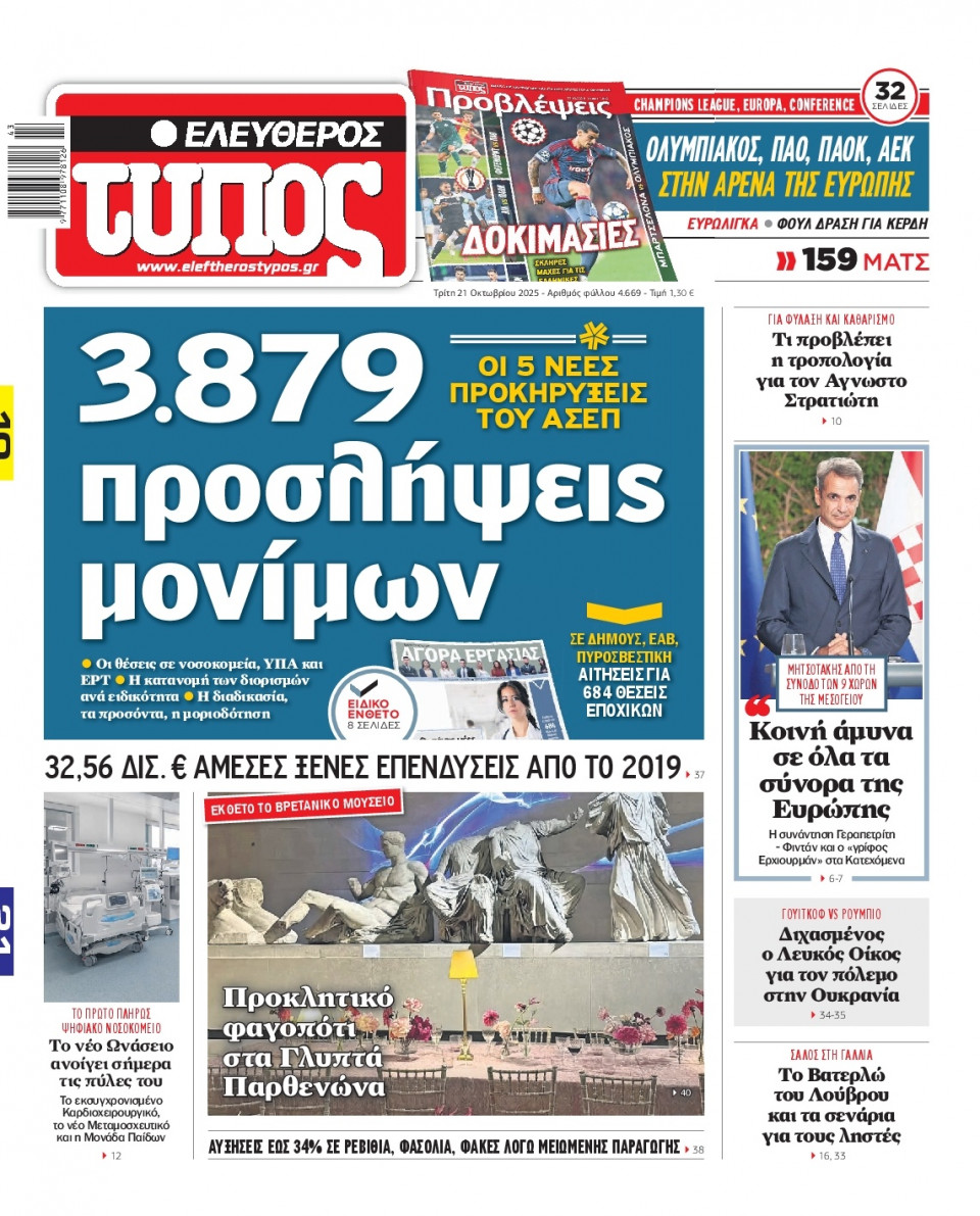 Πρωτοσέλιδο Εφημερίδας - Ελεύθερος Τύπος - 2025-10-21
