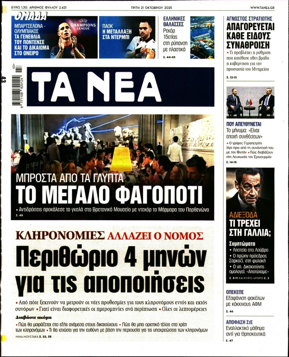 Πρωτοσέλιδο Εφημερίδας - Τα Νέα - 2025-10-21