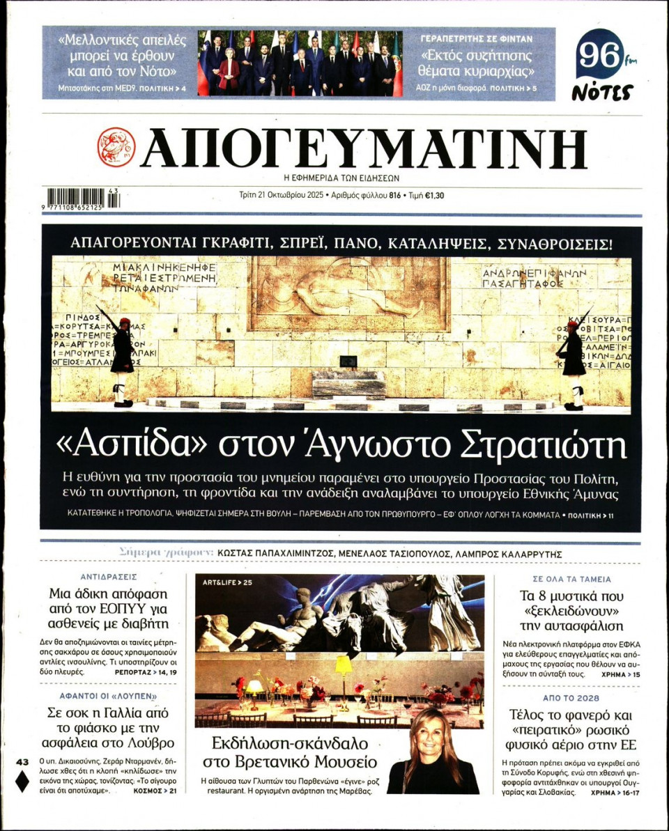 Πρωτοσέλιδο Εφημερίδας - Απογευματινή - 2025-10-21