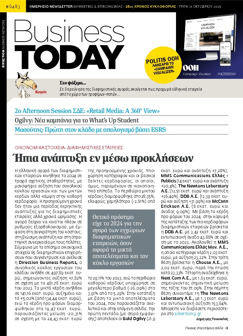 Πρωτοσέλιδο Εφημερίδας - BUSINESS TODAY - 2025-10-21
