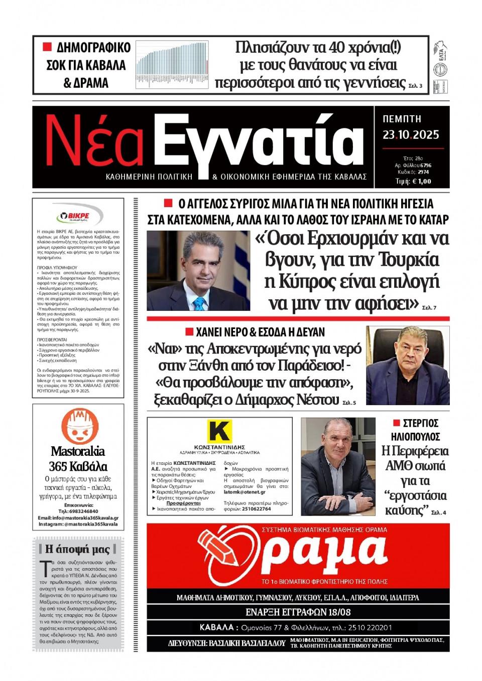 Πρωτοσέλιδο Εφημερίδας - Νέα Εγνατία Καβάλας - 2025-10-23
