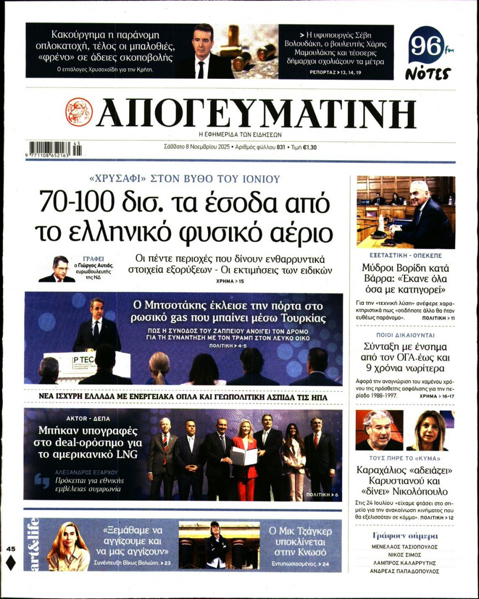 Πρωτοσέλιδο Εφημερίδας - Απογευματινή - 2025-11-08
