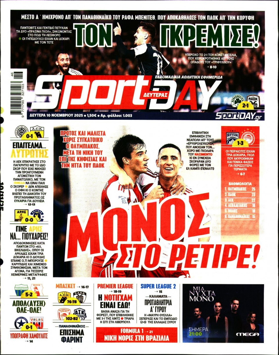 Πρωτοσέλιδο Εφημερίδας - Sportday - 2025-11-10