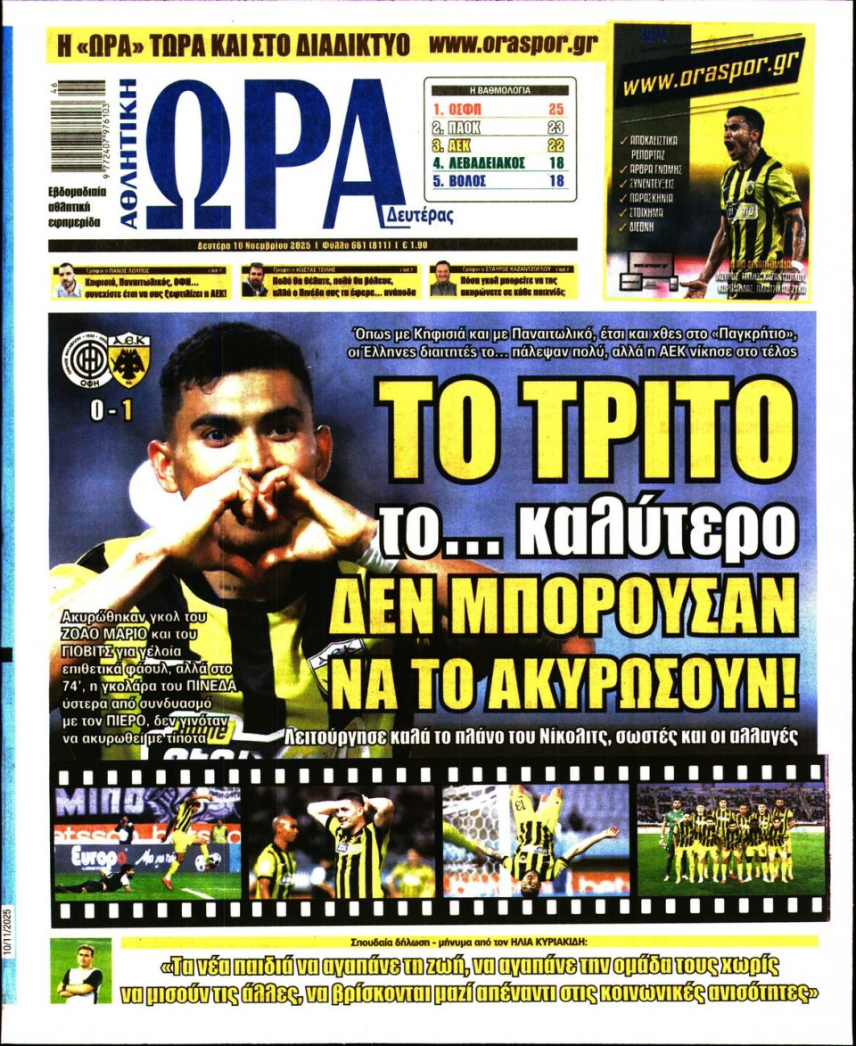 Πρωτοσέλιδο Εφημερίδας - Ώρα για Σπόρ - 2025-11-10