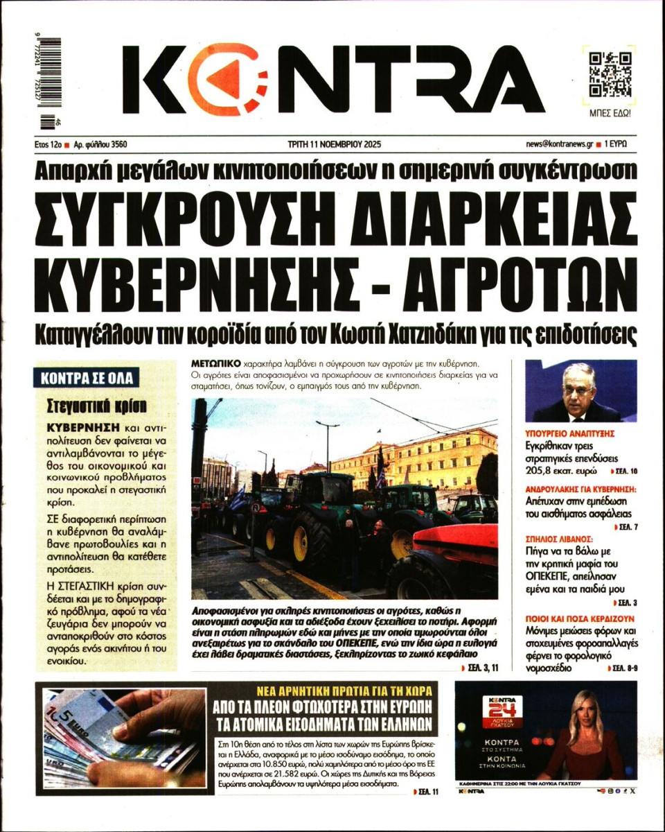 Πρωτοσέλιδο Εφημερίδας - KONTRA NEWS - 2025-11-11