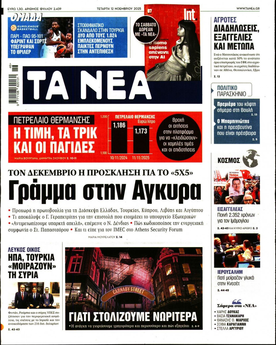 Πρωτοσέλιδο Εφημερίδας - Τα Νέα - 2025-11-12