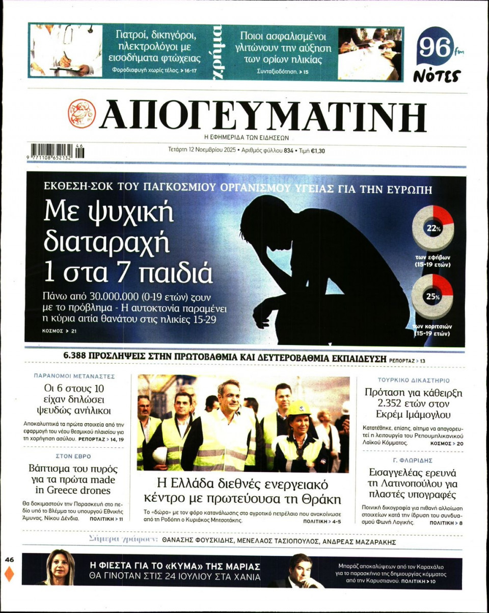Πρωτοσέλιδο Εφημερίδας - Απογευματινή - 2025-11-12