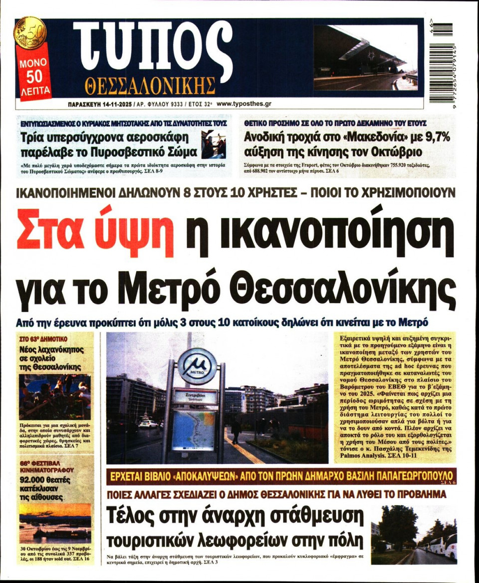 Πρωτοσέλιδο Εφημερίδας - Τύπος Θεσσαλονίκης - 2025-11-14