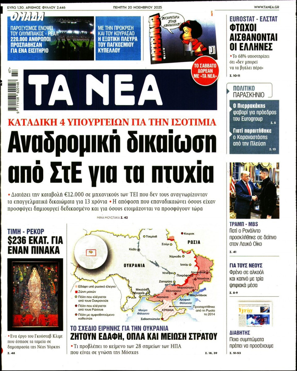 Πρωτοσέλιδο Εφημερίδας - Τα Νέα - 2025-11-20