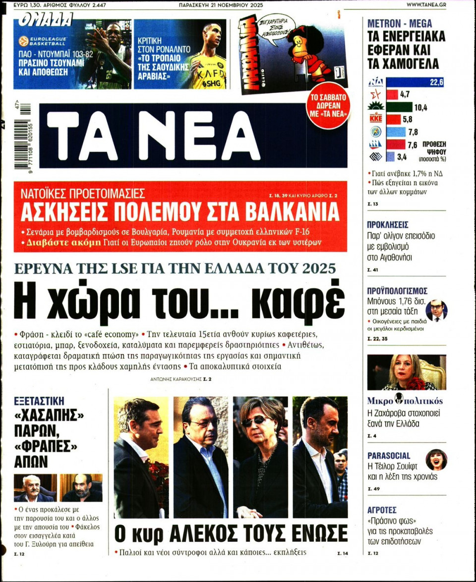 Πρωτοσέλιδο Εφημερίδας - Τα Νέα - 2025-11-21