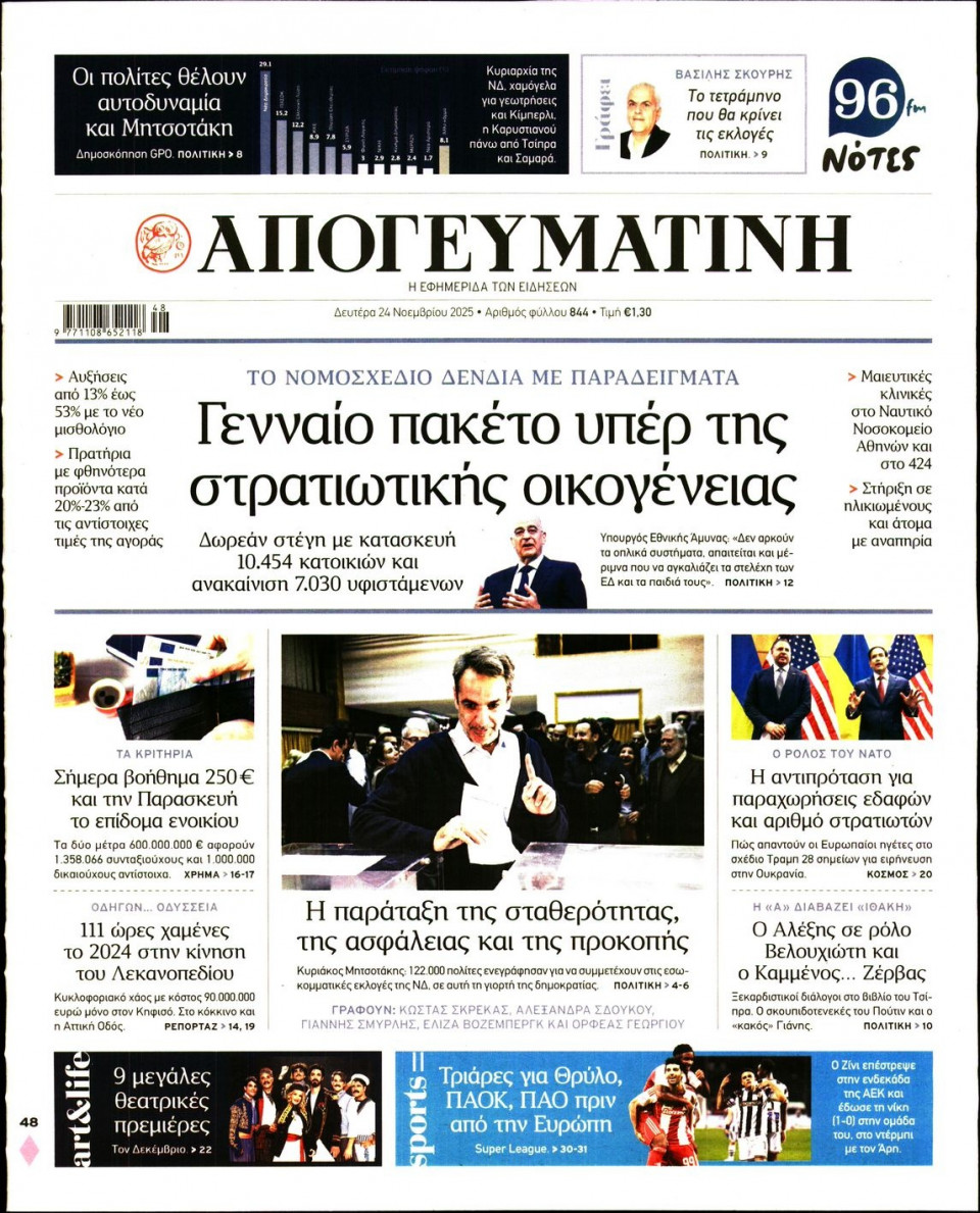 Πρωτοσέλιδο Εφημερίδας - Απογευματινή - 2025-11-24
