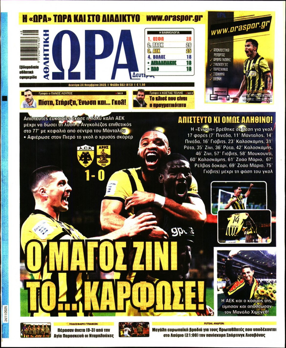 Πρωτοσέλιδο Εφημερίδας - Ώρα για Σπόρ - 2025-11-24
