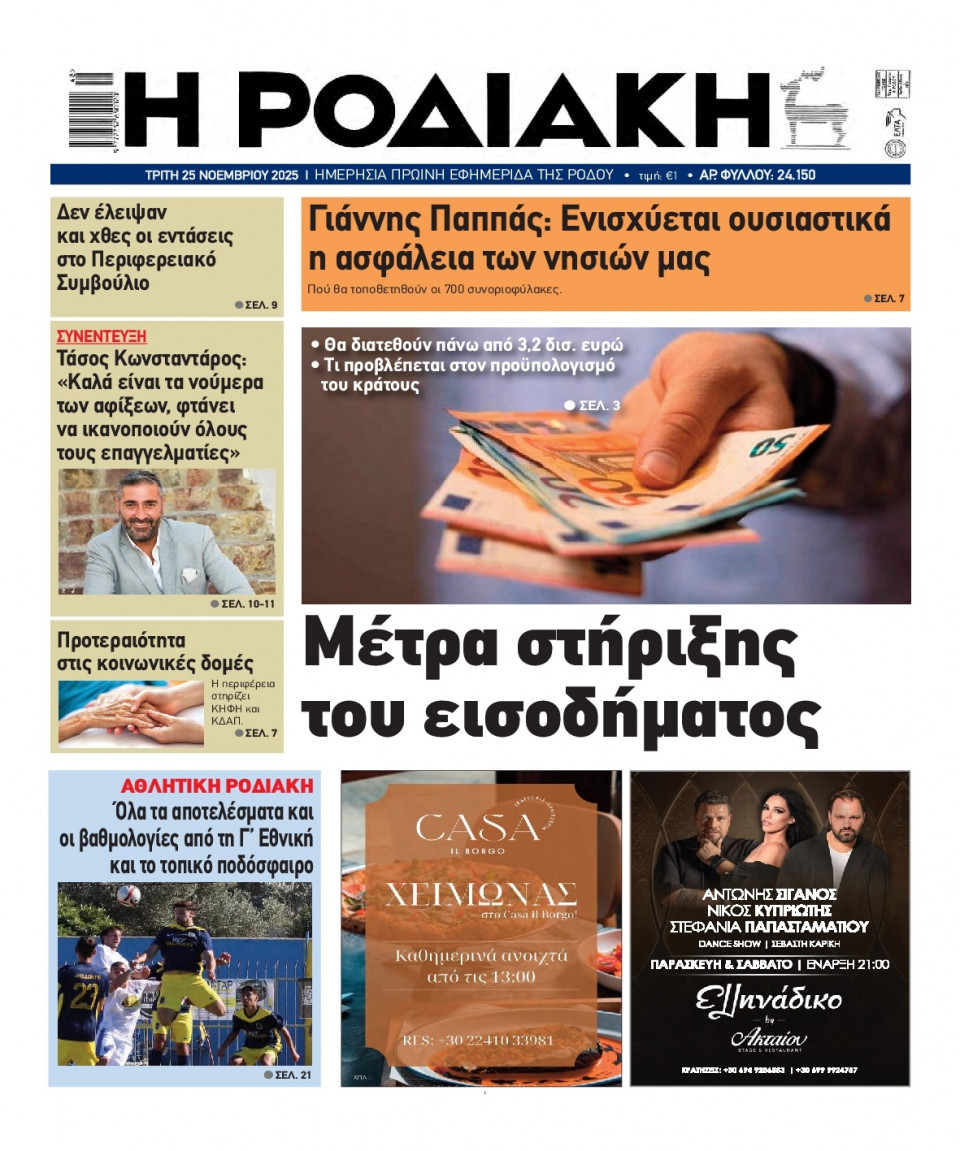 Πρωτοσέλιδο Εφημερίδας - Ροδιακή - 2025-11-25