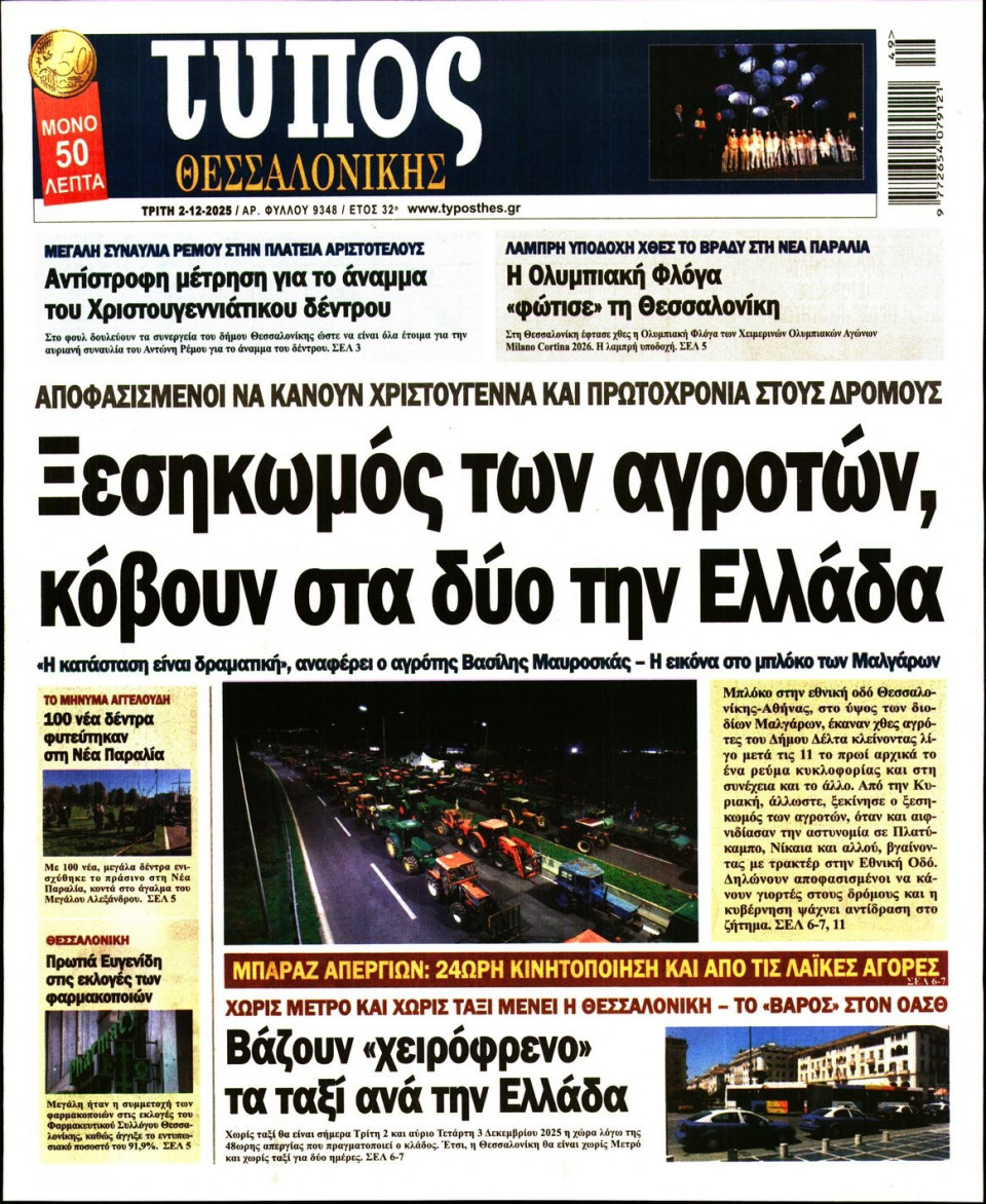 Πρωτοσέλιδο Εφημερίδας - Τύπος Θεσσαλονίκης - 2025-12-02