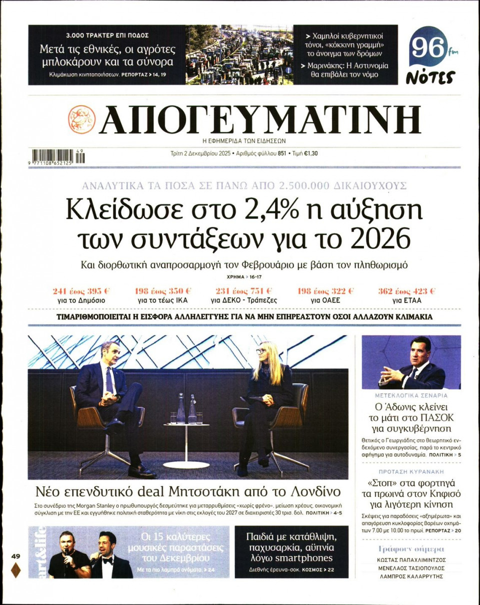 Πρωτοσέλιδο Εφημερίδας - Απογευματινή - 2025-12-02