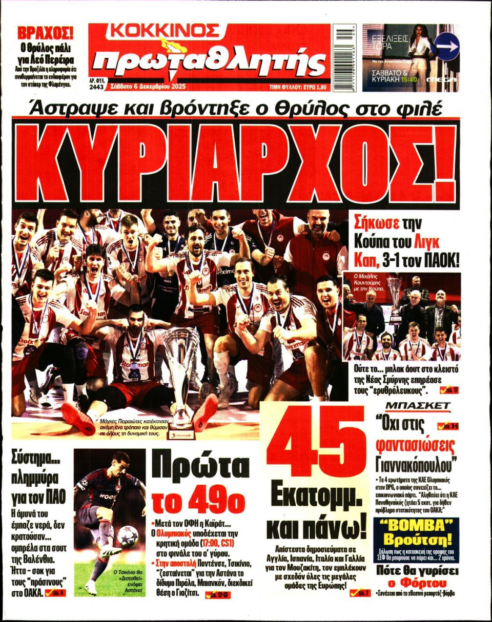 Πρωτοσέλιδο Εφημερίδας - Πρωταθλητής - 2025-12-06
