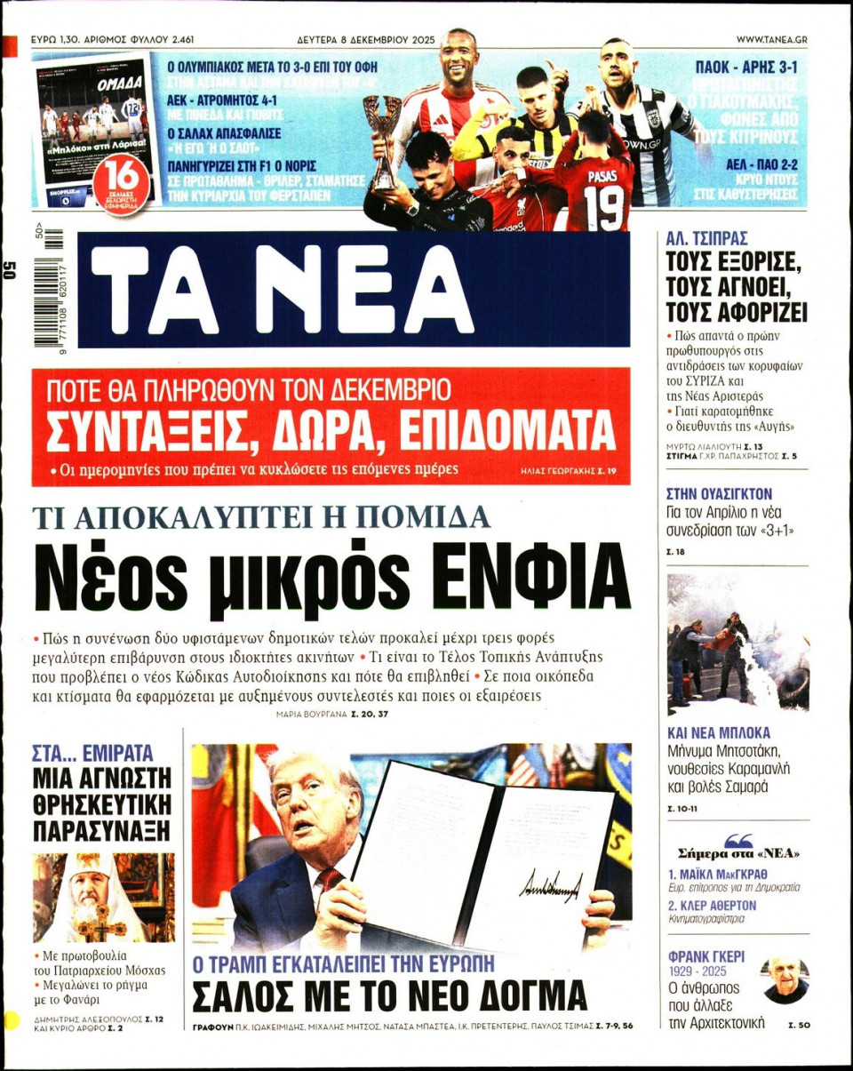 Πρωτοσέλιδο Εφημερίδας - Τα Νέα - 2025-12-08