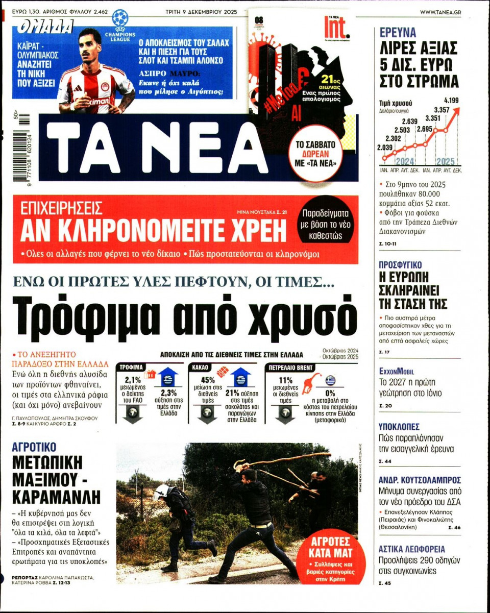 Πρωτοσέλιδο Εφημερίδας - Τα Νέα - 2025-12-09