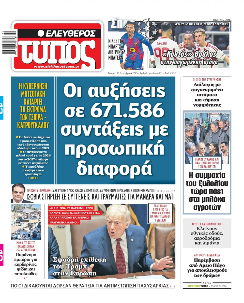 Πρωτοσέλιδο Εφημερίδας - Ελεύθερος Τύπος - 2025-12-10