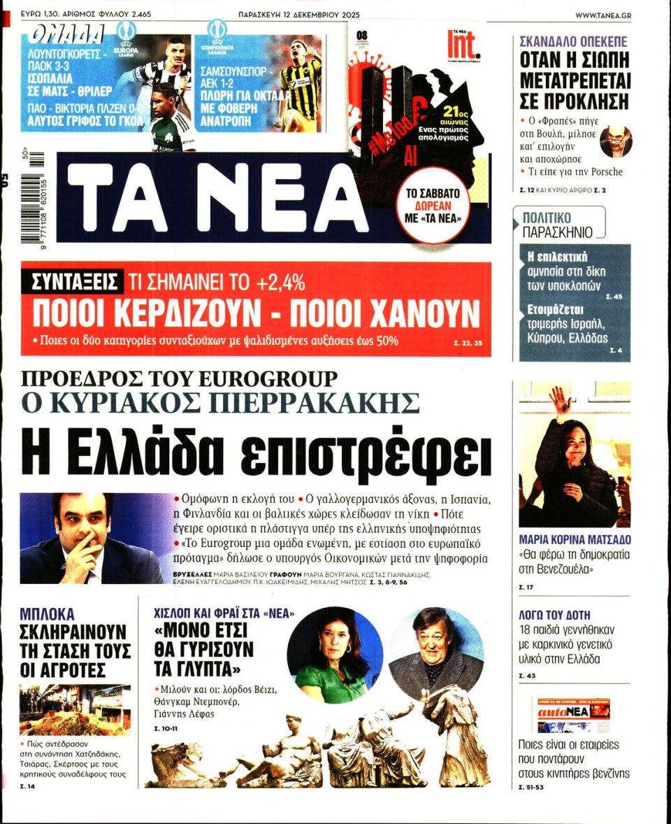 Πρωτοσέλιδο Εφημερίδας - Τα Νέα - 2025-12-12