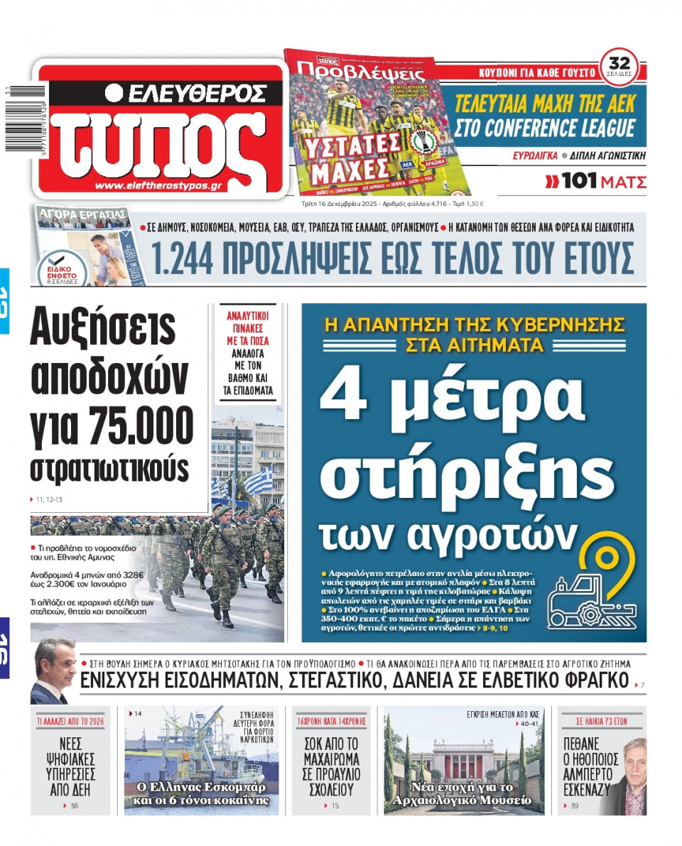 Πρωτοσέλιδο Εφημερίδας - Ελεύθερος Τύπος - 2025-12-16