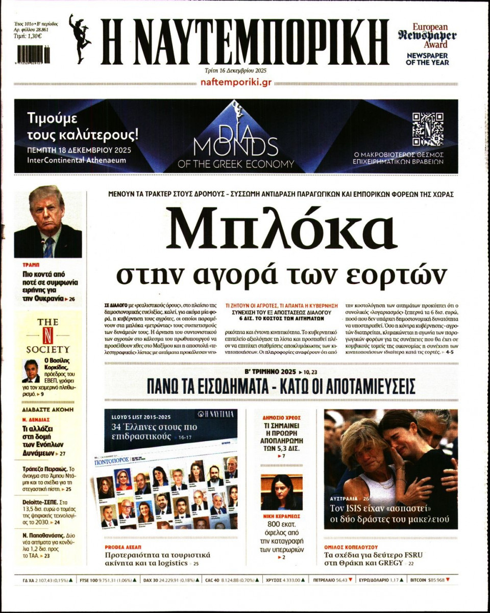 Πρωτοσέλιδο Εφημερίδας - Ναυτεμπορική - 2025-12-16