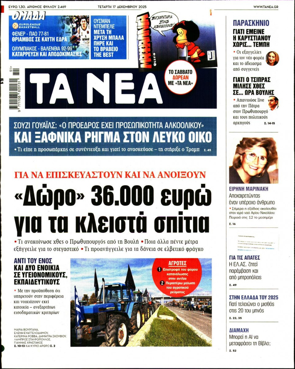 Πρωτοσέλιδο Εφημερίδας - Τα Νέα - 2025-12-17