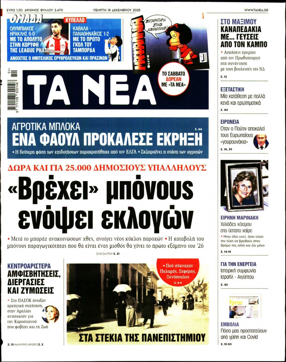 Πρωτοσέλιδο Εφημερίδας - Τα Νέα - 2025-12-18