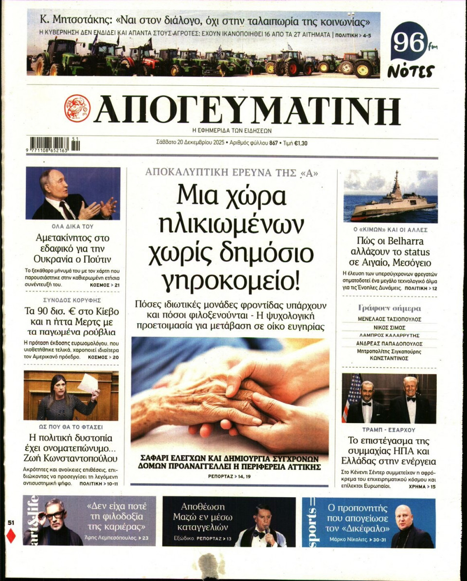 Πρωτοσέλιδο Εφημερίδας - Απογευματινή - 2025-12-20
