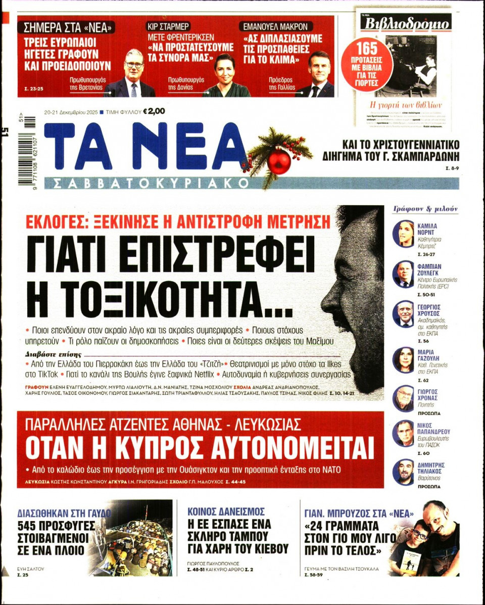 Πρωτοσέλιδο Εφημερίδας - Τα Νέα - 2025-12-20