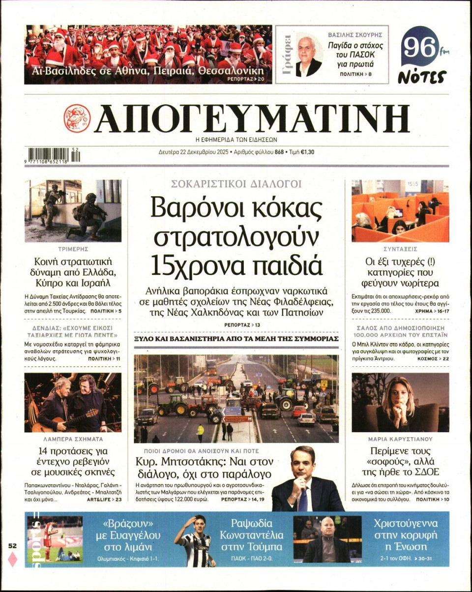 Πρωτοσέλιδο Εφημερίδας - Απογευματινή - 2025-12-22