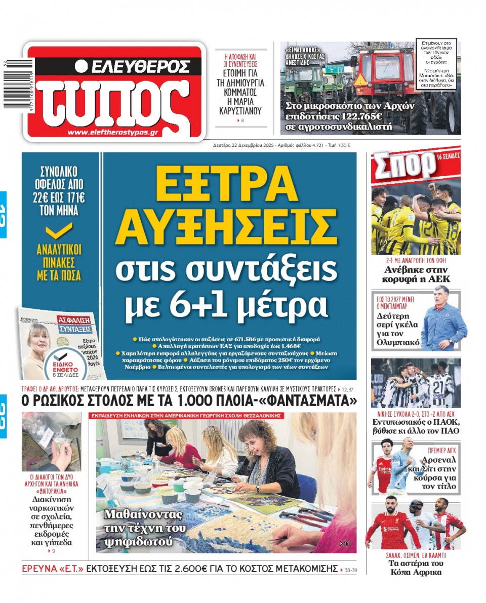 Πρωτοσέλιδο Εφημερίδας - Ελεύθερος Τύπος - 2025-12-22