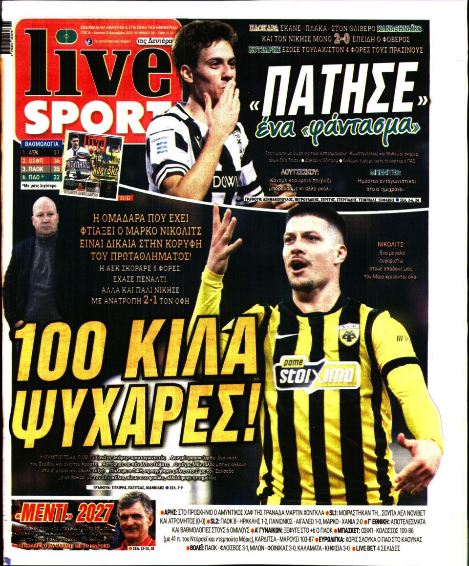 Πρωτοσέλιδο Εφημερίδας - Live Sport - 2025-12-22