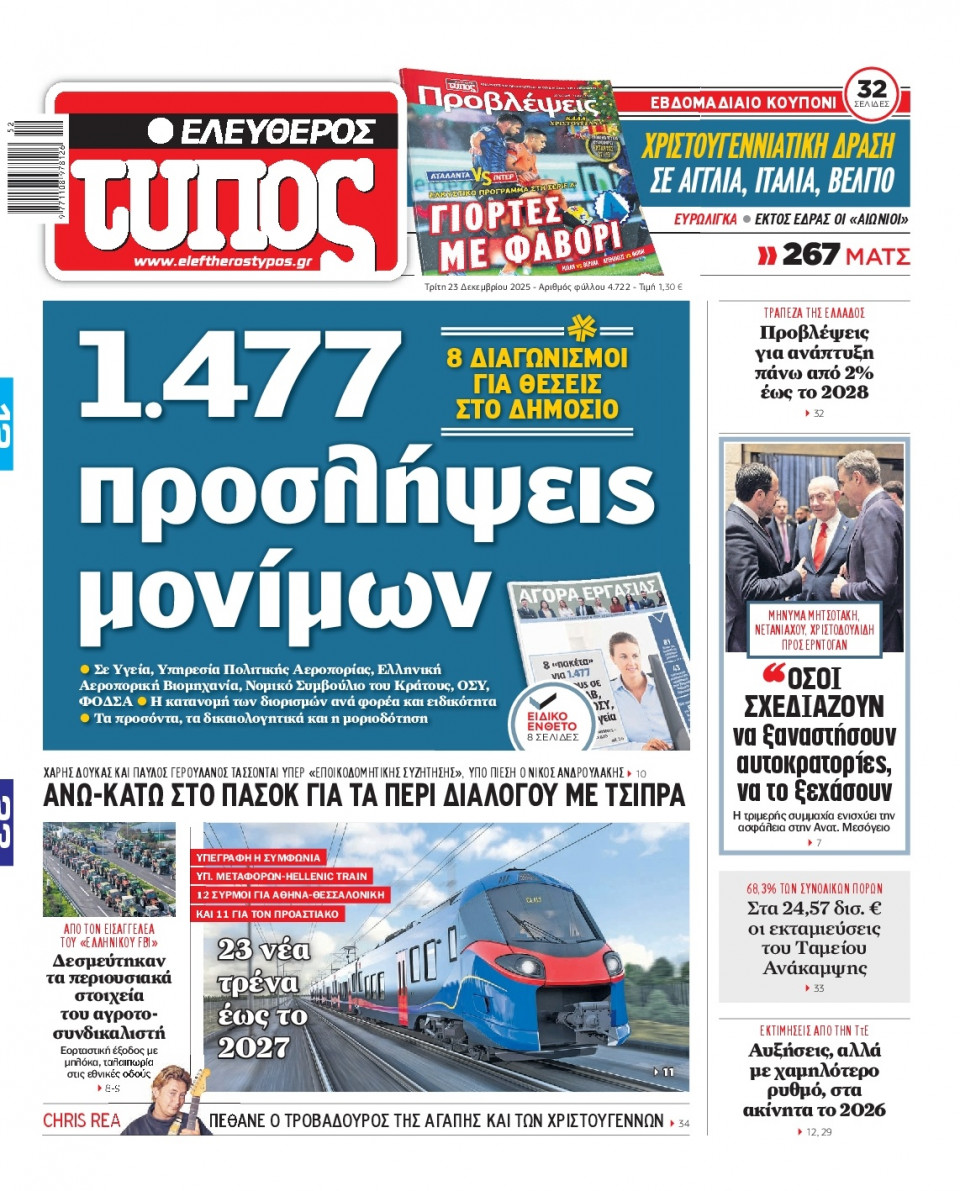 Πρωτοσέλιδο Εφημερίδας - Ελεύθερος Τύπος - 2025-12-23