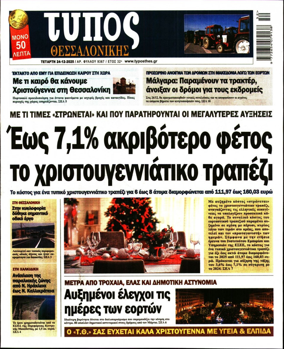 Πρωτοσέλιδο Εφημερίδας - ΤΥΠΟΣ ΘΕΣΣΑΛΟΝΙΚΗΣ - 2025-12-24