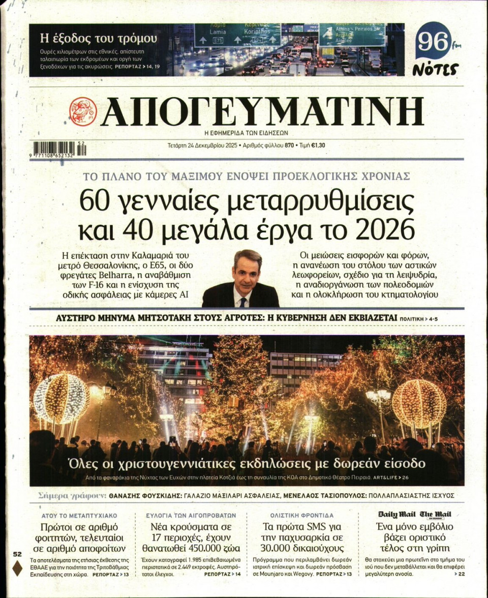Πρωτοσέλιδο Εφημερίδας - Απογευματινή - 2025-12-24
