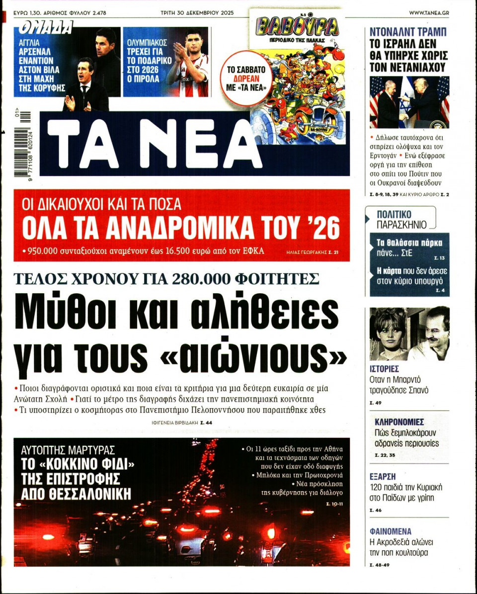 Πρωτοσέλιδο Εφημερίδας - Τα Νέα - 2025-12-30