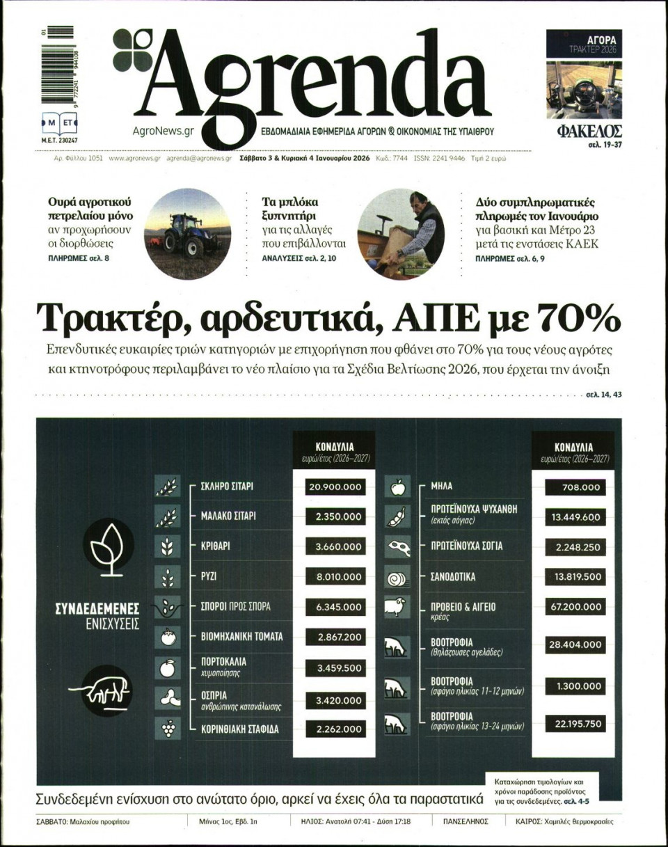 Πρωτοσέλιδο Εφημερίδας - AGRENDA - 2026-01-03