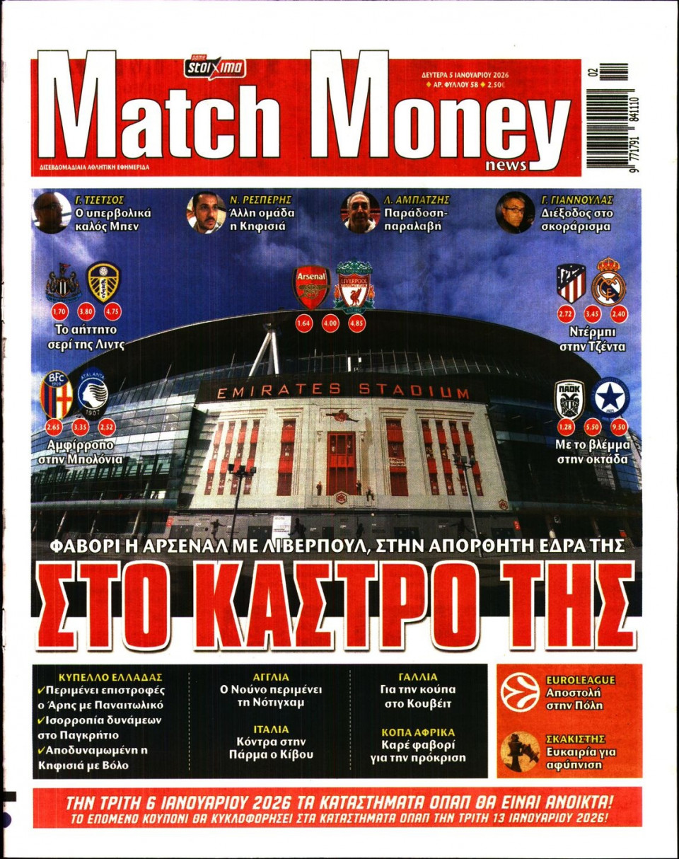 Πρωτοσέλιδο Εφημερίδας - Match Money - 2026-01-05
