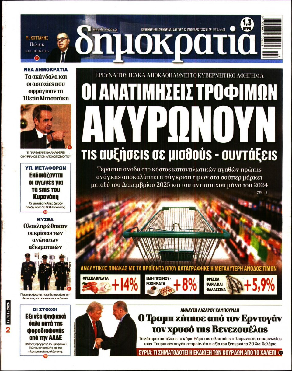 Πρωτοσέλιδο Εφημερίδας - Δημοκρατία - 2026-01-12