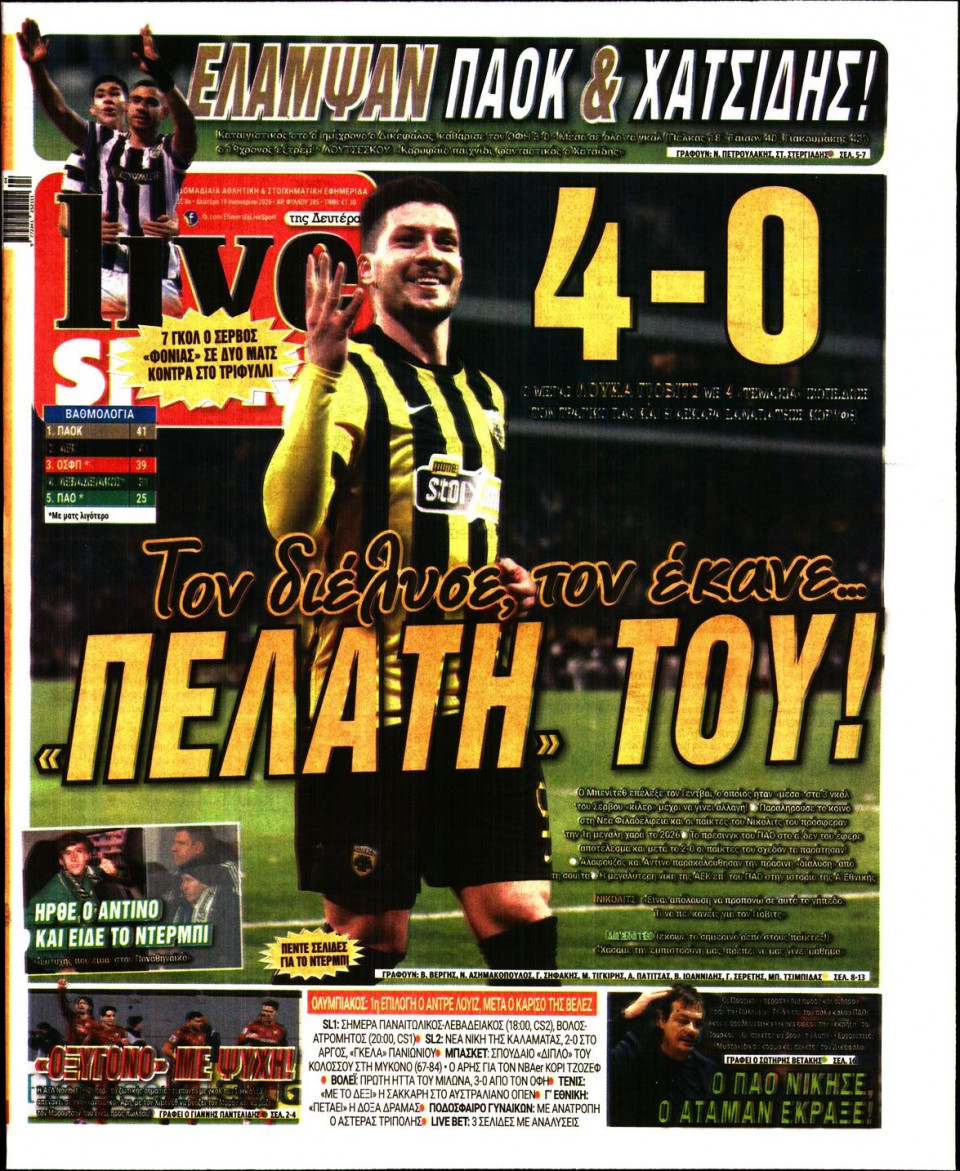 Πρωτοσέλιδο Εφημερίδας - Live Sport - 2026-01-19
