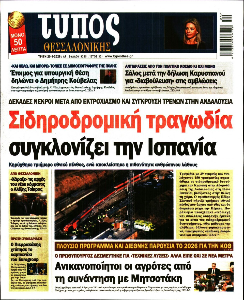 Πρωτοσέλιδο Εφημερίδας - Τύπος Θεσσαλονίκης - 2026-01-20