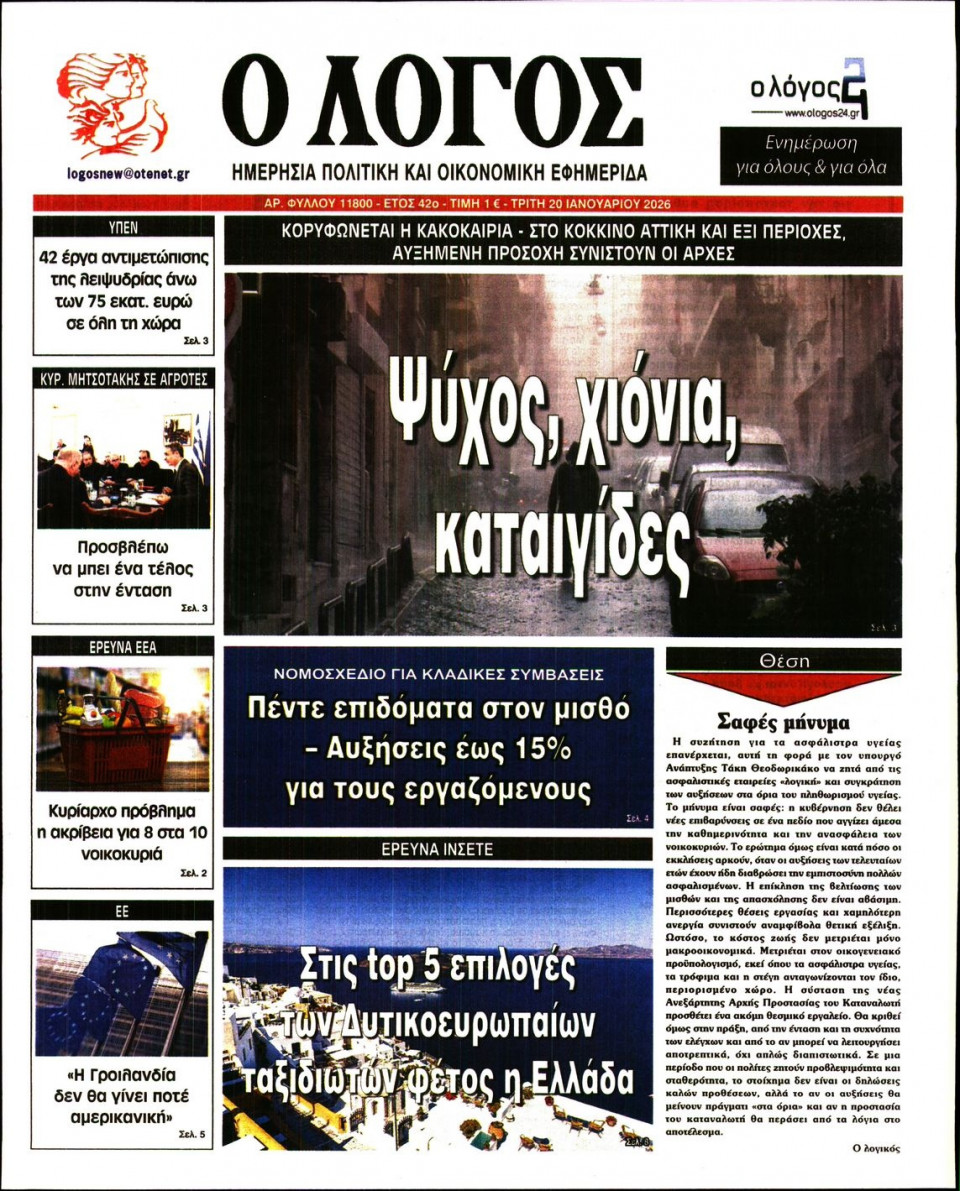 Πρωτοσέλιδο Εφημερίδας - Λόγος - 2026-01-20