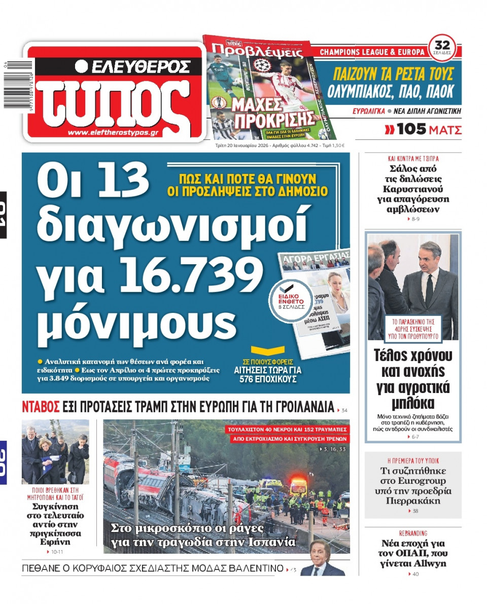 Πρωτοσέλιδο Εφημερίδας - Ελεύθερος Τύπος - 2026-01-20