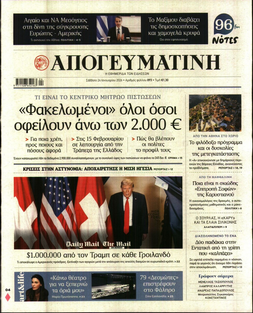 Πρωτοσέλιδο Εφημερίδας - Απογευματινή - 2026-01-24