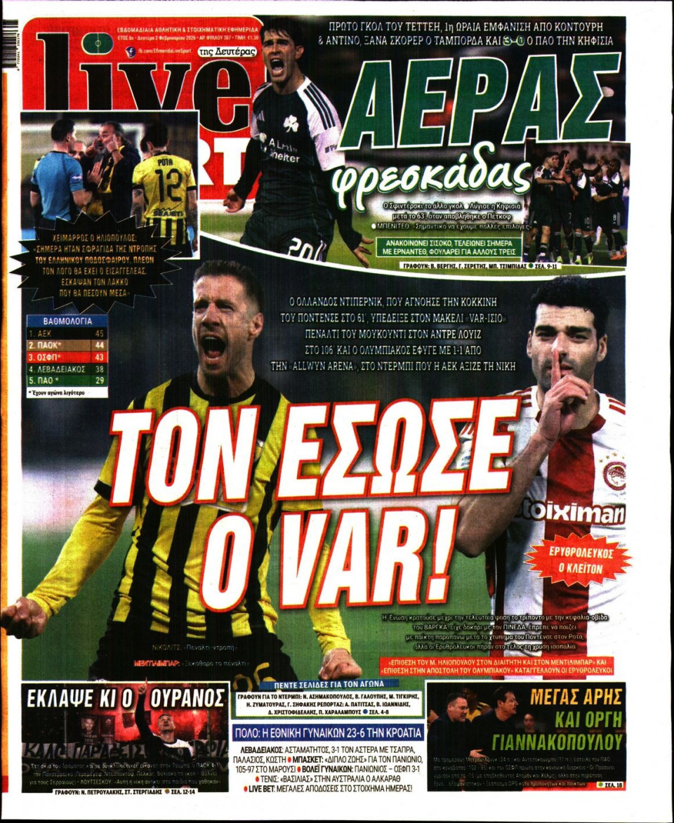 Πρωτοσέλιδο Εφημερίδας - LIVE SPORT - 2026-02-02