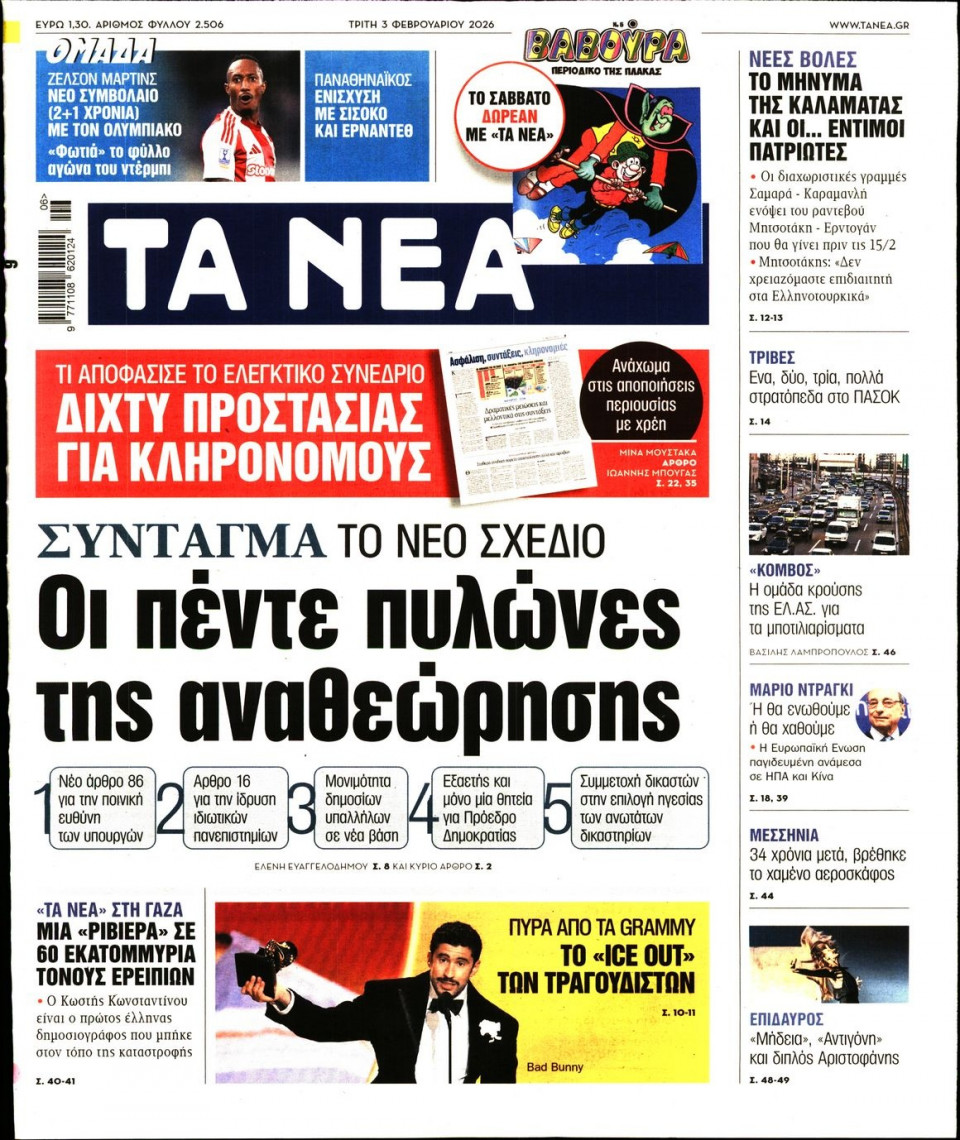 Πρωτοσέλιδο Εφημερίδας - Τα Νέα - 2026-02-03