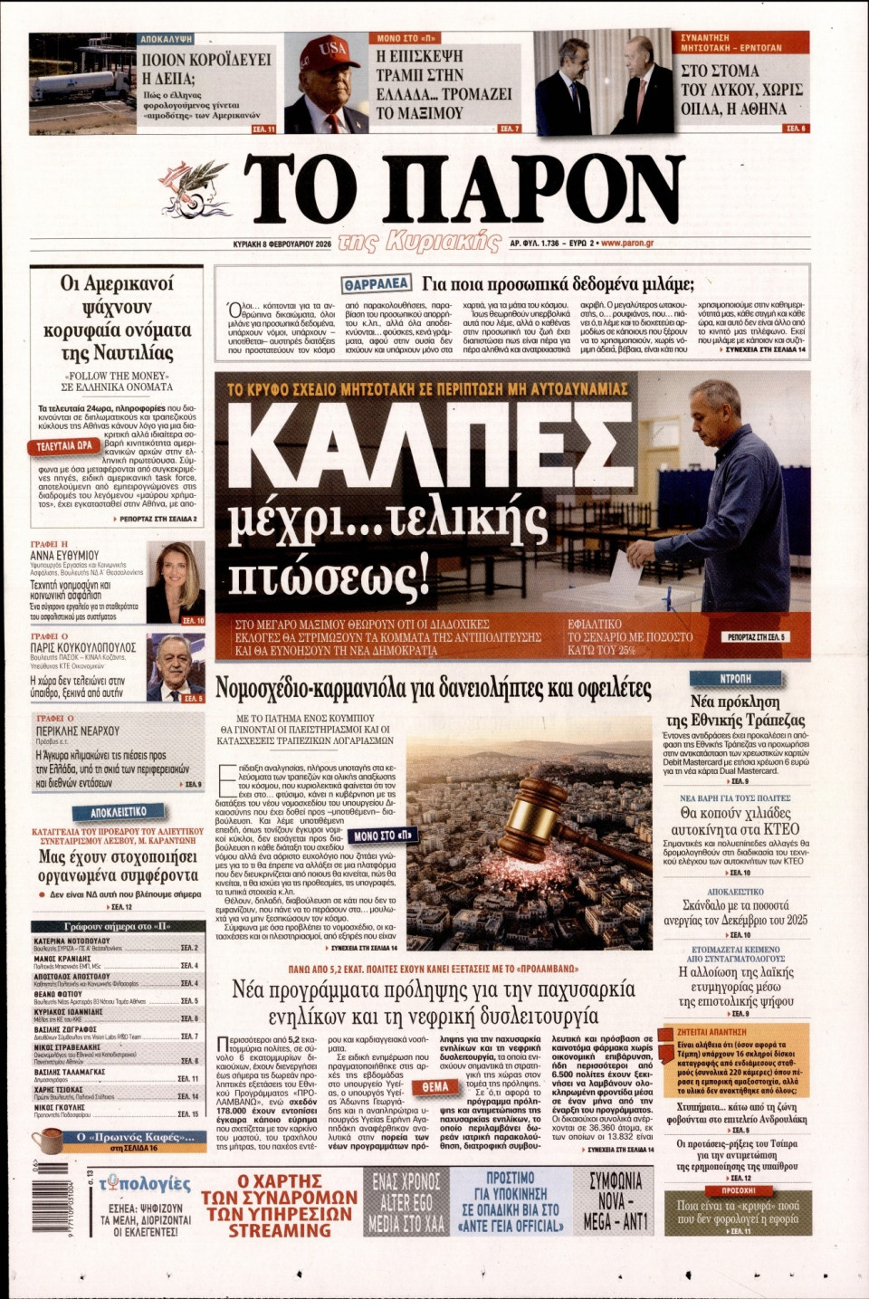Πρωτοσέλιδο Εφημερίδας - Το Παρόν - 2026-02-08