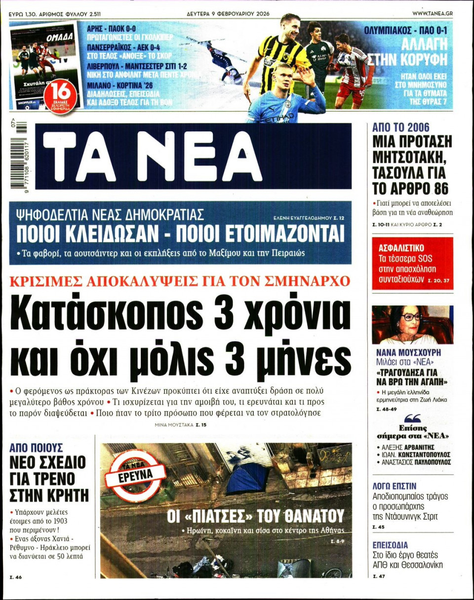 Πρωτοσέλιδο Εφημερίδας - Τα Νέα - 2026-02-09