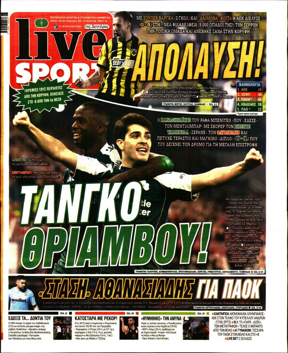 Πρωτοσέλιδο Εφημερίδας - Live Sport - 2026-02-09